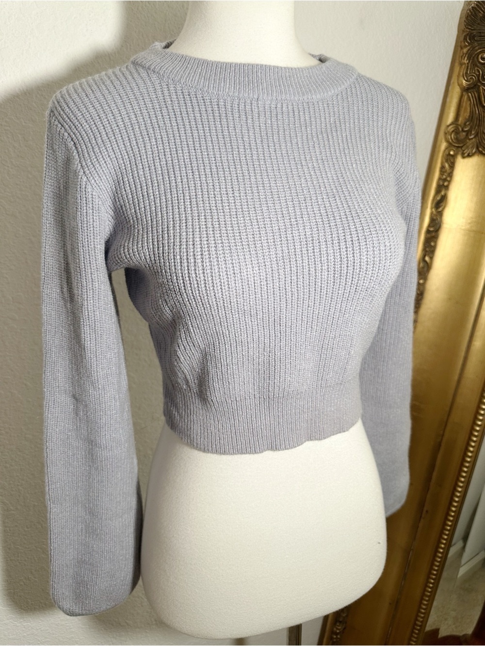 New Amazon Knit Puff Long Sleeve Cropped Lightweight Sweater Gray Size XS
